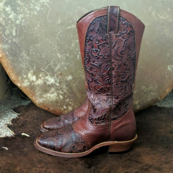 BOULET #2069 hand tooled brown leather square toe cowgirl western boots sz 7 EUC - Picture 2 of 16